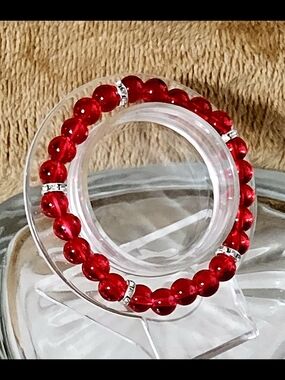 Vibrant Ruby Red Glass Beaded Stretch Bracelet with Rhinestone Spacers
